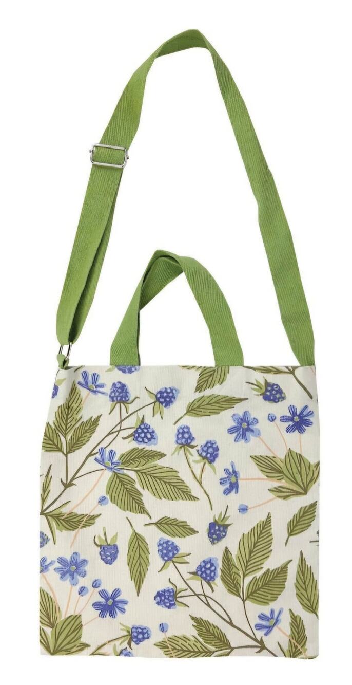 Large Crossbody Reusable Tote Blue Berries Bag Canvas Ivory Adjustable Strap NWT
